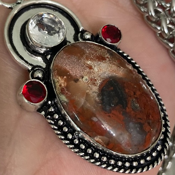 925 sterling silver overlay genuine red jasper stone boho steel chain necklace - Picture 6 of 15